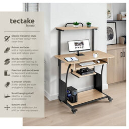 Tectake Desk Fife - 3 Levels, Attachable Shelf And Keyboard Tray, 4 Castors 65 Cm - Industrial Wood Light, Oak Sonoma - thumbnail 2