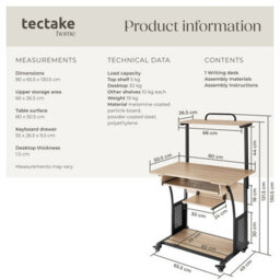 Tectake Desk Fife - 3 Levels, Attachable Shelf And Keyboard Tray, 4 Castors 65 Cm - Industrial Wood Light, Oak Sonoma - thumbnail 6