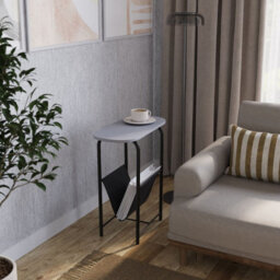 Urbn-Living Urbnliving 58Cm Height Slim Oval Side End Grey Table With Magazine Newspapers Holder Sling Rack
