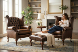 Chesterfield 2 X Wing Chairs + Footstool Antique Gold Leather In Queen Anne Style - thumbnail 3