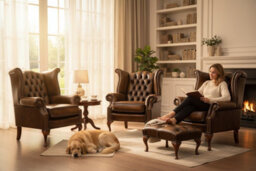 Chesterfield 2 X Wing Chairs + Footstool Antique Gold Leather In Queen Anne Style - thumbnail 2