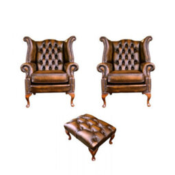 Chesterfield 2 X Wing Chairs + Footstool Antique Gold Leather In Queen Anne Style