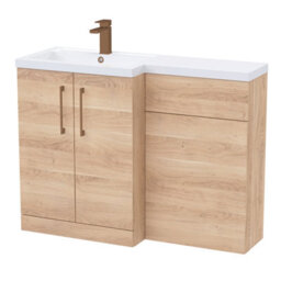 Balterley Left-Hand Bathroom Vanity And Wc Unit Combination With Basin - 1100mm - Woodgrain Light Oak With Brushed Bronze Handles - thumbnail 1