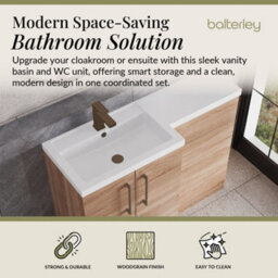 Balterley Left-Hand Bathroom Vanity And Wc Unit Combination With Basin - 1100mm - Woodgrain Light Oak With Brushed Bronze Handles - thumbnail 2