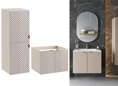 Impact Furniture Bathroom Furniture Set 600mm Wall Hung Vanity Unit With Tallboy Storage Cabinet Fluted Beige Cashmere Cara - image 1