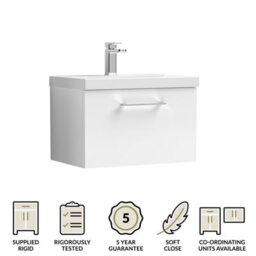 Balterley Bramshall Modern Bathroom 1 Soft Close Drawer Wall Hung Vanity Unit Basin, Gloss White, 600mm - thumbnail 6