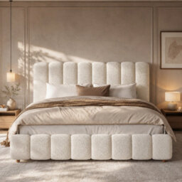 Abrihome 6Ft Super King Upholstered Bed 180X200Cm, Hydraulic Storage & Slatted Frame, White Bouclé Headboard - thumbnail 1