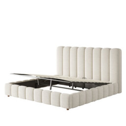 Abrihome 6Ft Super King Upholstered Bed 180X200Cm, Hydraulic Storage & Slatted Frame, White Bouclé Headboard - thumbnail 6