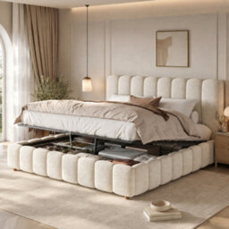 Abrihome 6Ft Super King Upholstered Bed 180X200Cm, Hydraulic Storage & Slatted Frame, White Bouclé Headboard - thumbnail 7