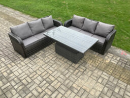 Fimous 6 Seater Garden Dining Sets Outdoor Rattan Furniture Lounge Sofa Height Adjustable Rising Lifting Table Set - thumbnail 1