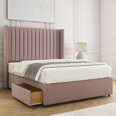 Bsspoke Manhattans Divan Bed Pink Plush Velvet With 54Inch Headboard 2 Drawers Footend & No Mattress In Double King 4Ft 6Ft - image 1