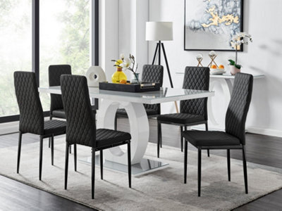 Furniturebox Giovani Rectangular 6 Seat White High Gloss Unique Halo Dining Table Grey Glass Top 6 Black Faux Leather Black Leg Milan Chairs - image 1