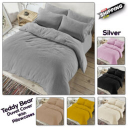 Chilimilii Teddy Bear Fleece Duvet Quilt Cover With Pillowcases Soft Warm Cosy Bedding Set (Silver)