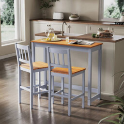 Bar Dining Table And 2 Chairs Set Solid Pine Wood Tall Table Breakfast Kitchen - thumbnail 4