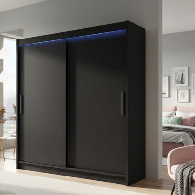 Modern Sliding Door Wardrobe Bega I 180Cm Black With Led Lights - image 1