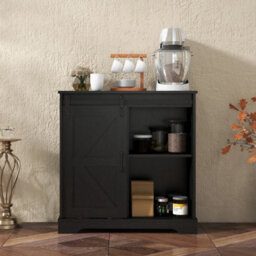 Black Sliding Barn Door Buffet Sideboard Storage Cabinet Coffee Bar - thumbnail 1