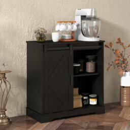 Black Sliding Barn Door Buffet Sideboard Storage Cabinet Coffee Bar - thumbnail 3