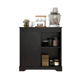 Black Sliding Barn Door Buffet Sideboard Storage Cabinet Coffee Bar - thumbnail 5