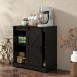 Black Sliding Barn Door Buffet Sideboard Storage Cabinet Coffee Bar - thumbnail 4