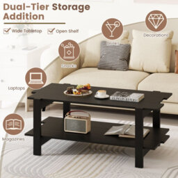 Costway 2-Tier Coffee Table Slatted Wood Center Table With Storage Shelf-Black - thumbnail 4