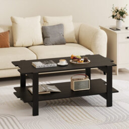 Costway 2-Tier Coffee Table Slatted Wood Center Table With Storage Shelf-Black - thumbnail 7