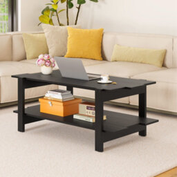 Costway 2-Tier Coffee Table Slatted Wood Center Table With Storage Shelf-Black - thumbnail 8