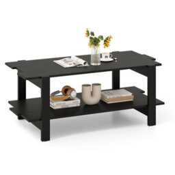 Costway 2-Tier Coffee Table Slatted Wood Center Table With Storage Shelf-Black - thumbnail 9
