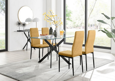 Furniturebox Uk Leonardo Black Leg Glass Dining Table & 4 Mustard Velvet Milan Black Leg Chairs - image 1