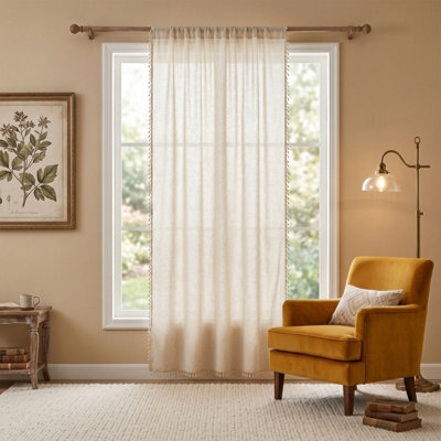 Living And Home Beige Single Panel Semi Sheer Curtain Edge Tassel Rod Pocket Window Drape 132 X 160 Cm - image 1