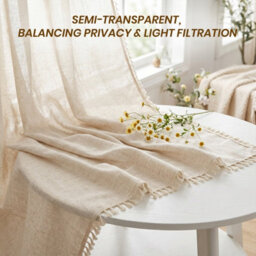 Living And Home Beige Single Panel Semi Sheer Curtain Edge Tassel Rod Pocket Window Drape 132 X 160 Cm - thumbnail 8