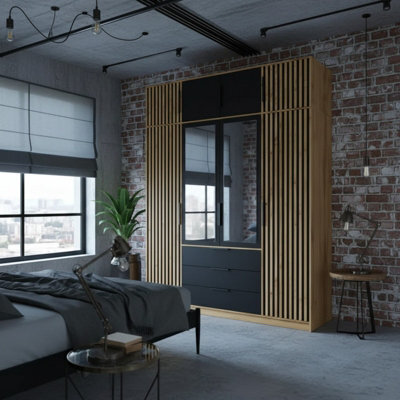 Bali Lux 4 Door Wardrobe With Oak Slats Mirror Modern Hallway Bedroom Storage Cabinet Black With Oak Wotan With Extension - image 1