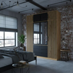 Bali Lux 4 Door Wardrobe With Oak Slats Mirror Modern Hallway Bedroom Storage Cabinet Black With Oak Wotan With Extension - thumbnail 1