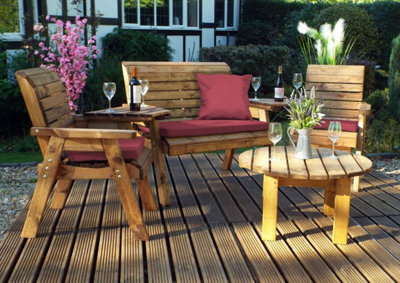 Charles Taylor Trading Charles Taylor Wooden Garden 4 Seater Chair Bench Set Round & Table Red Cushion - image 1