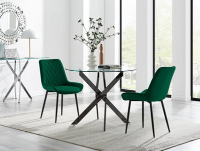 Furniturebox Uk Novara 100Cm Round Black Leg Dining Table & 2 Green Pesaro Black Leg Chairs - image 1