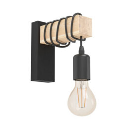 Eglo Townshend Black Metal & Natural Wood Wall Light - Vintage Industrial Style (D) 21.5Cm - thumbnail 3