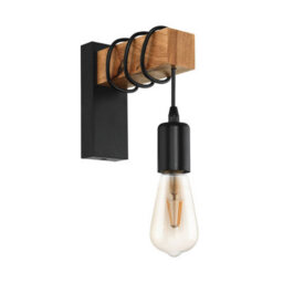Eglo Townshend Black Metal & Natural Wood Wall Light - Vintage Industrial Style (D) 21.5Cm - thumbnail 2