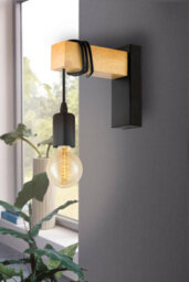 Eglo Townshend Black Metal & Natural Wood Wall Light - Vintage Industrial Style (D) 21.5Cm