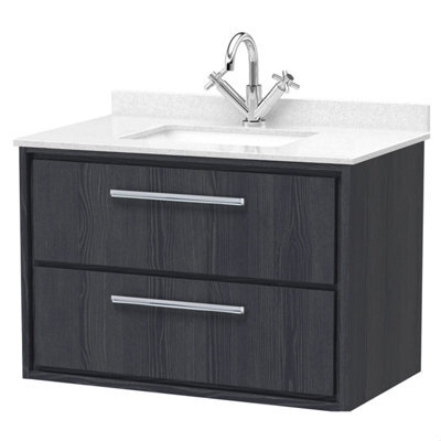 Balterley Longnor 2 Drawer Wall Hung Vanity Unit With Square Basin And Marble Worktop, Woodgrain Graphite Grey, 800mm - image 1