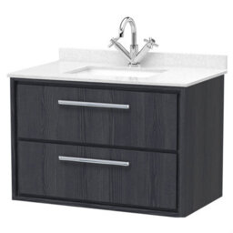 Balterley Longnor 2 Drawer Wall Hung Vanity Unit With Square Basin And Marble Worktop, Woodgrain Graphite Grey, 800mm