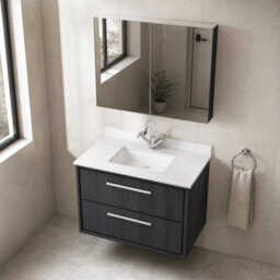 Balterley Longnor 2 Drawer Wall Hung Vanity Unit With Square Basin And Marble Worktop, Woodgrain Graphite Grey, 800mm - thumbnail 3