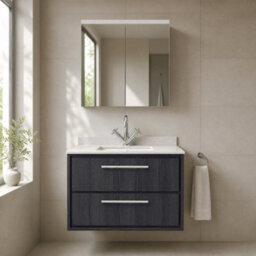 Balterley Longnor 2 Drawer Wall Hung Vanity Unit With Square Basin And Marble Worktop, Woodgrain Graphite Grey, 800mm - thumbnail 2