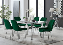 Furniturebox Uk 6 Seater Dining Set - Enna White Glass & Chrome Extendable Dining Table & Chairs - 6 Green Velvet Pesaro Chairs