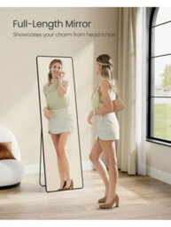 LEDREM Full Length Mirror, 160 X 50 Cm, Rectangle Full Body Mirror With Stand, Aluminium Alloy Frame Floor Mirror, Ink Black - thumbnail 1