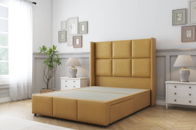 "Sloomy Beaumont Mustard Plush Divan Bed Base No Drawers - 54"" Wingback Headboard & 12"" Footboard 4'6 Double" - image 1