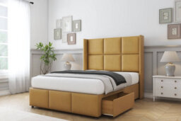 "Sloomy Beaumont Mustard Plush Divan Bed Base No Drawers - 54"" Wingback Headboard & 12"" Footboard 4'6 Double" - thumbnail 4