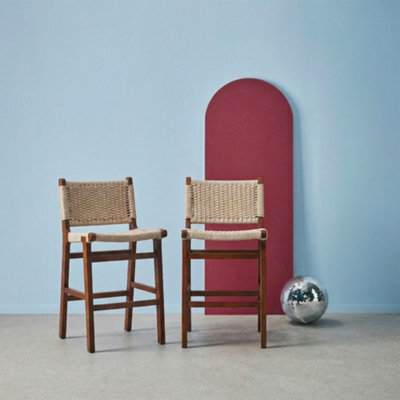 Sweeek - Set Of 2 Bar Stools Made Of Walnut Coloured Rubberwood With Beige Rope Seating, Joy, 49.5X51X96 Cm - image 1