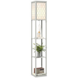 Homcom Modern Floor Lamp Light With Shelves Fabric Lampshade Light Grey - thumbnail 2
