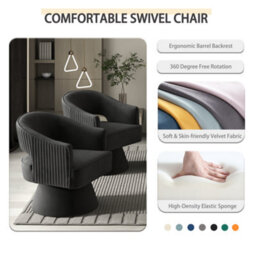Seynar Black Stylish Swivel Barrel Accent Chair Velvet Upholstered Striped Design For Living Room Bedroom Lounge - thumbnail 4