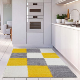 The Rugs Yellow Grey And Ivory Soft Checkerboard Design Fluffy Shaggy Rugs And Runners High Pile Living Room Kitchen Hallway 381 - thumbnail 6