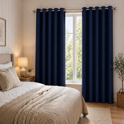 Nod Off Navy Blackout Eyelet Curtains Ring Top Thermal Curtains Ready Made Pair 66X90 Inches - image 1